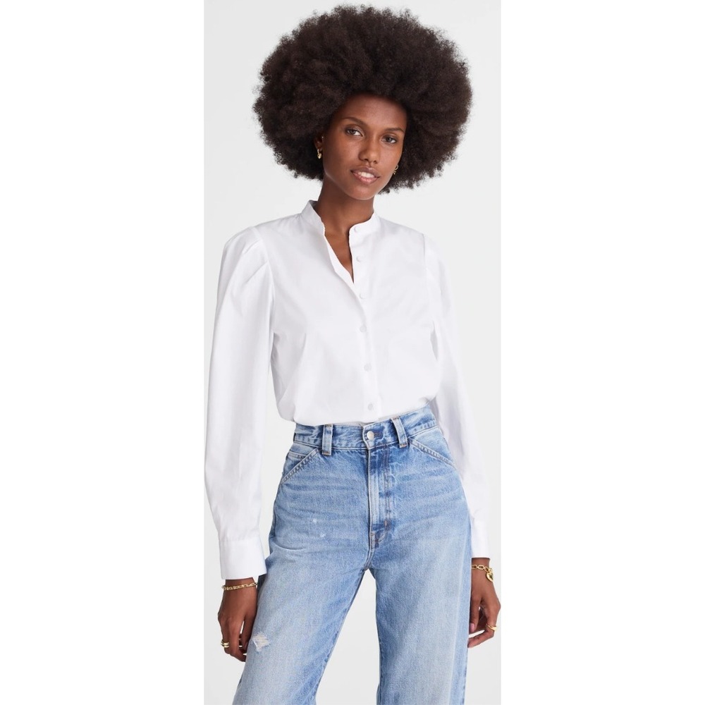 Madewell Band Collar Puff Sleeve Button Down Shirt White NW627 XS Poplin NWT $88